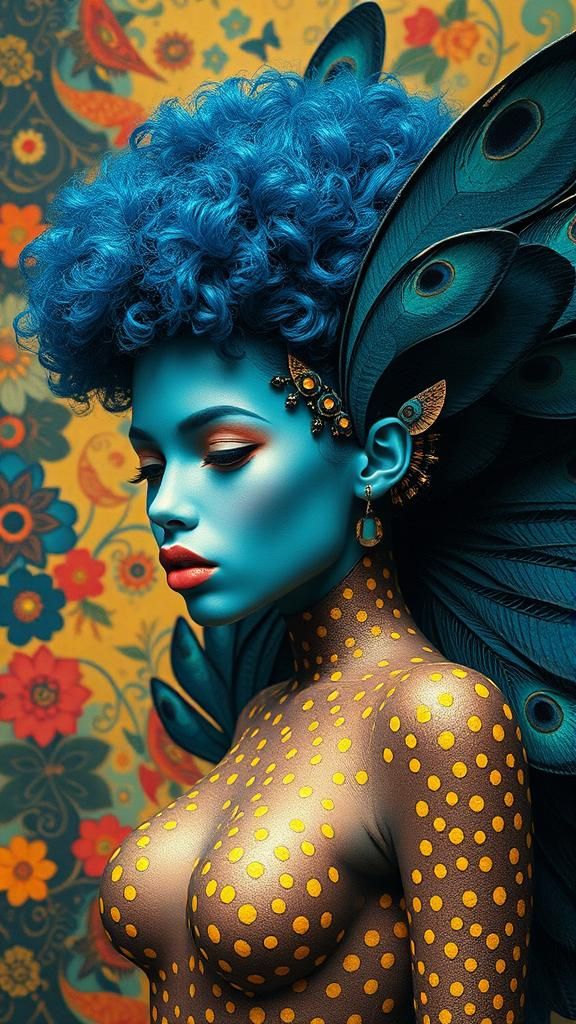Butterfly Woman with Peacock Feathers in Retrofuturist Style