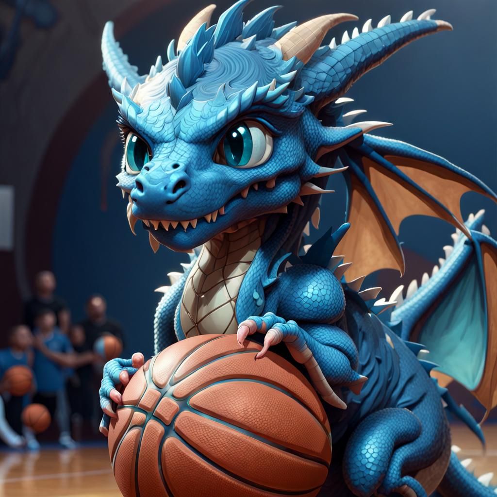 Cute Blue Dragon Plays Basketball, Hyperdetailed Portrait