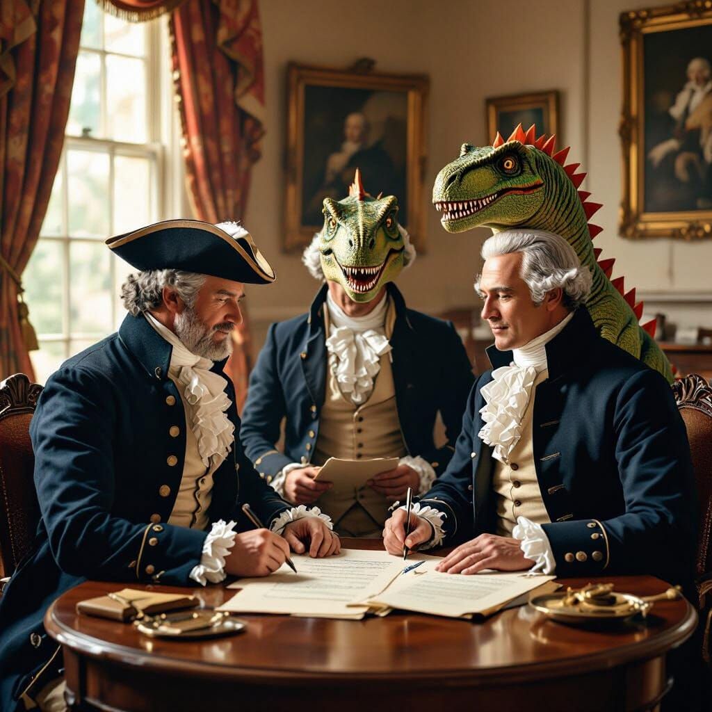Founding Fathers Sign in Dinosaur Costumes