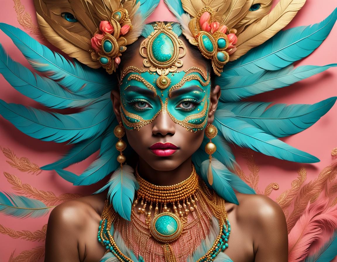 Elaborate Turquoise and Gold Face Paint Portrait