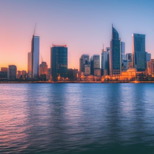 Sunset Cityscape Reflection Over Water