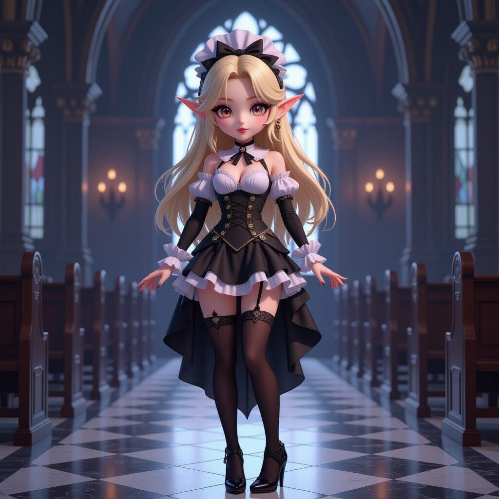 Chibi Elf Fallen Nun in Gothic Victorian Church