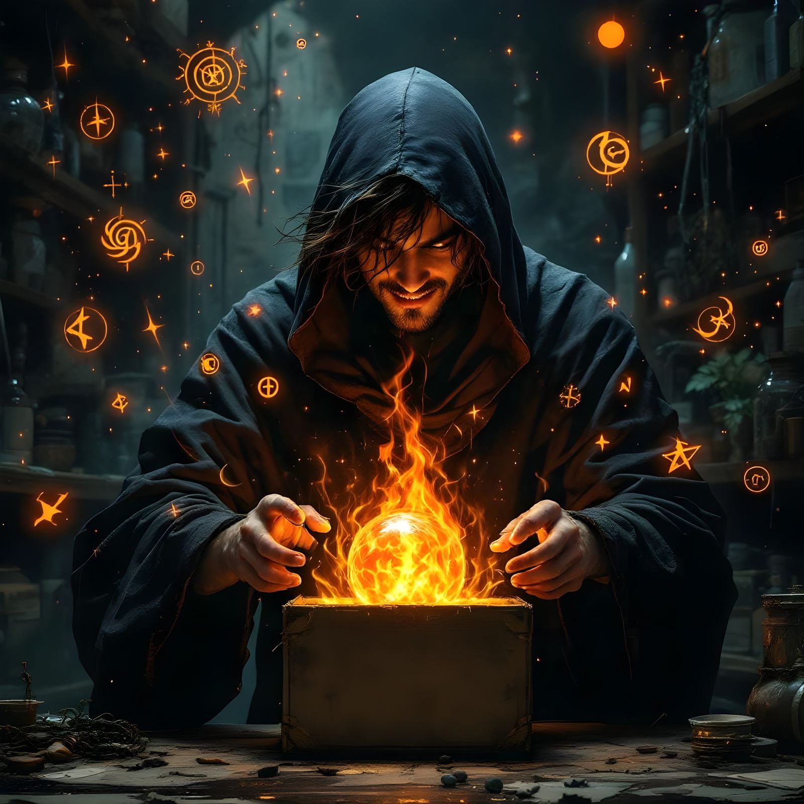 Wizard Ignites Magic Orb in Dark Laboratory