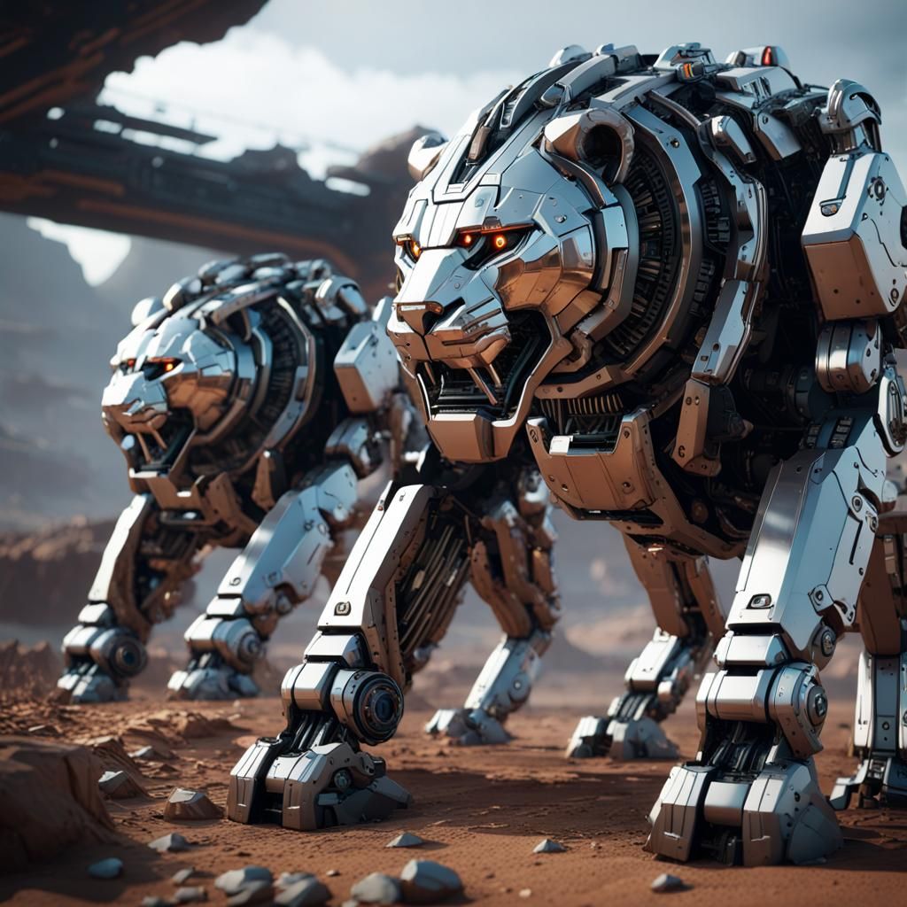 Futuristic Mech Lions in Sci-Fi Cinematic Style