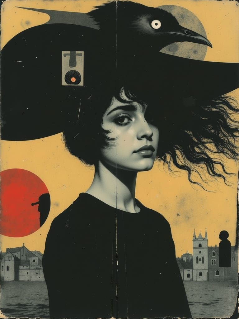 Woman in Elegant, Whimsical Portrait with Glitch Art Distort...