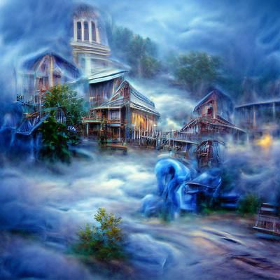 Ethereal Blue Ghost Town in Stormy Fantasy