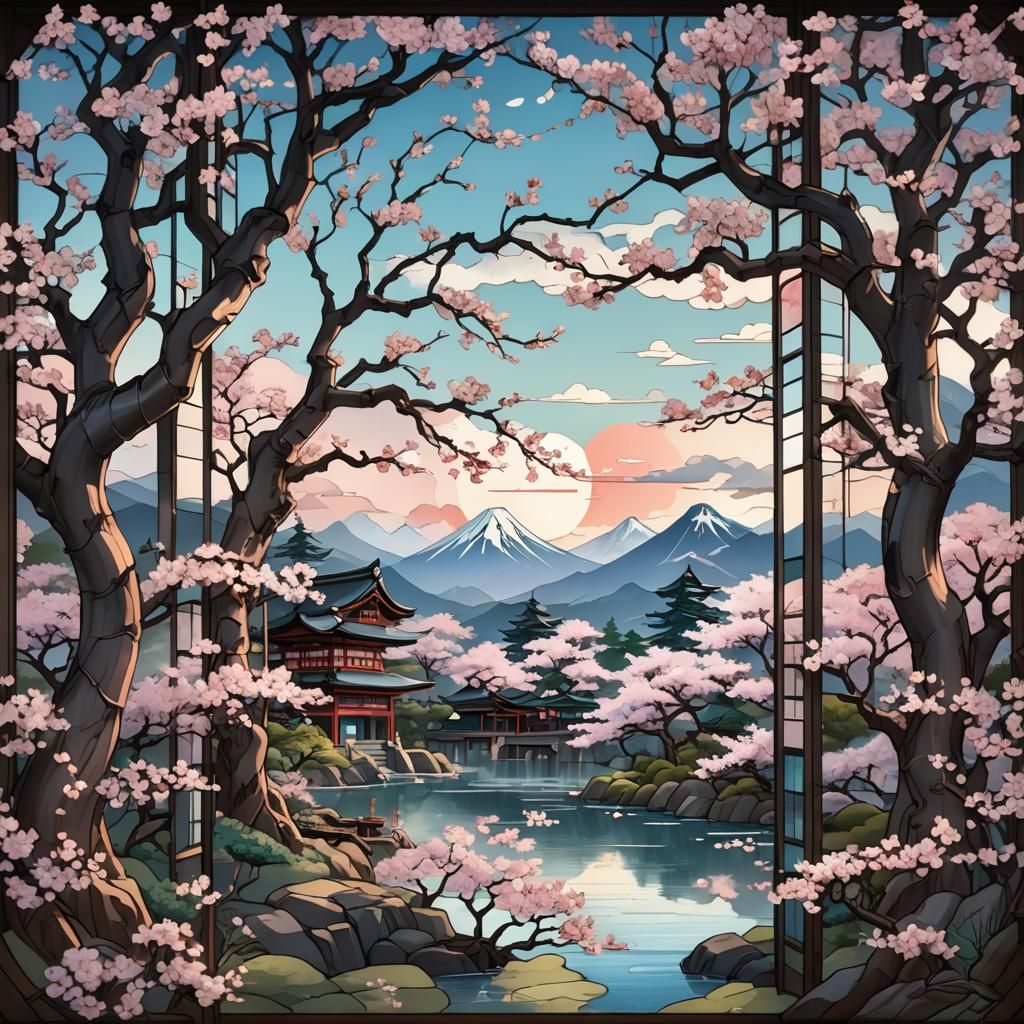 Japanese Stained Glass Art with Cherry Blossoms