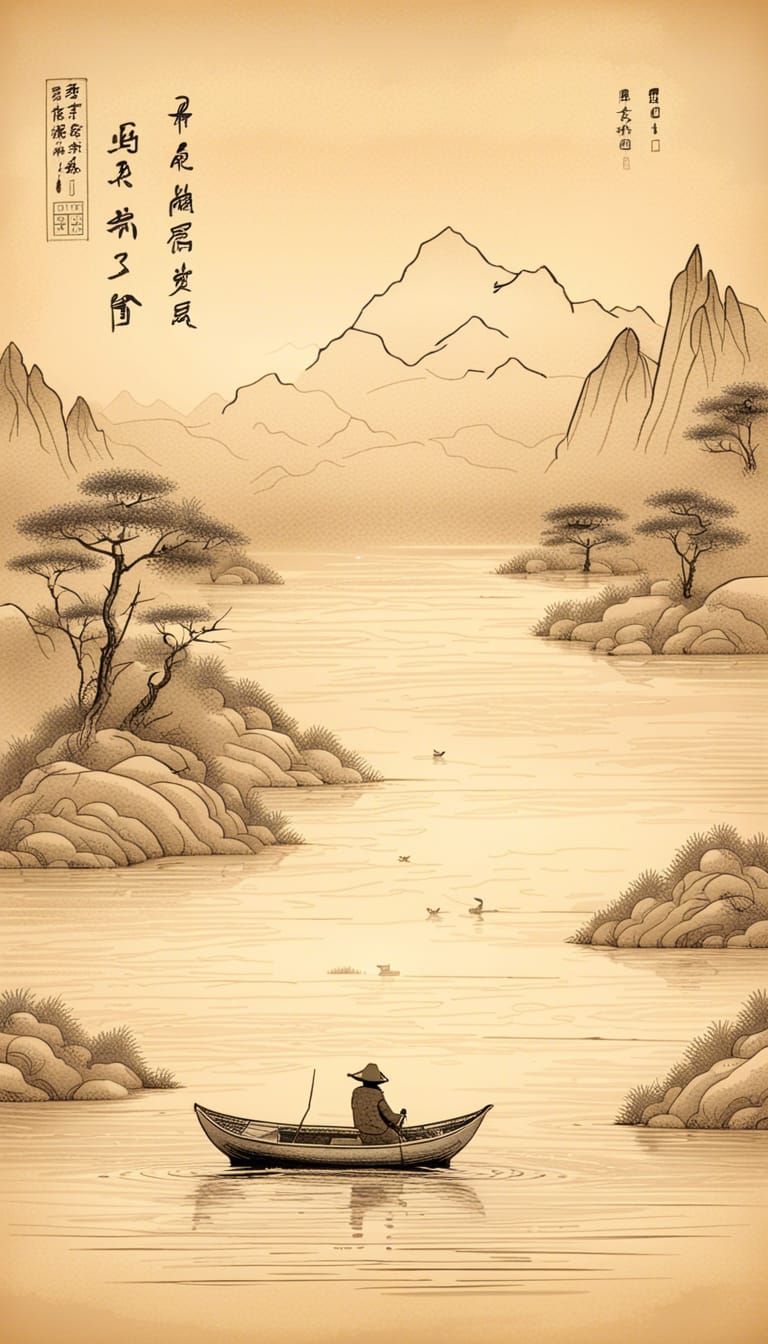 Fisherman on Lake: Minimalist Chinese Line Art