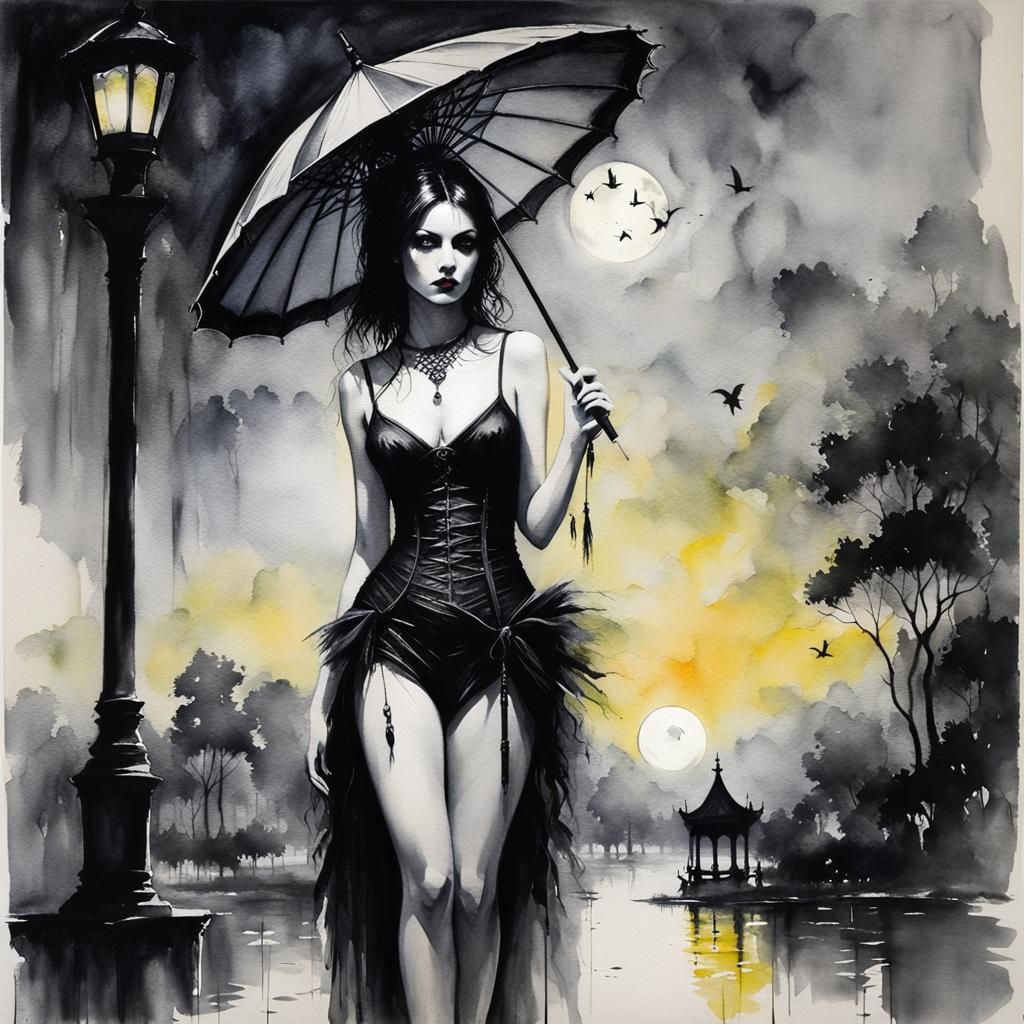 A beautiful goth woman wearing a revealing  summer outfit carrying a parasol, scenic moonlit park in background, hyperde...