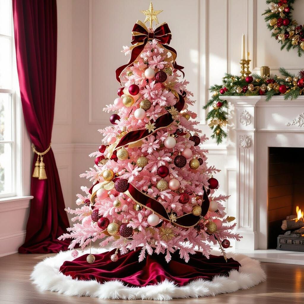 Elegant Pink Christmas Tree with Gold and Burgundy Accents