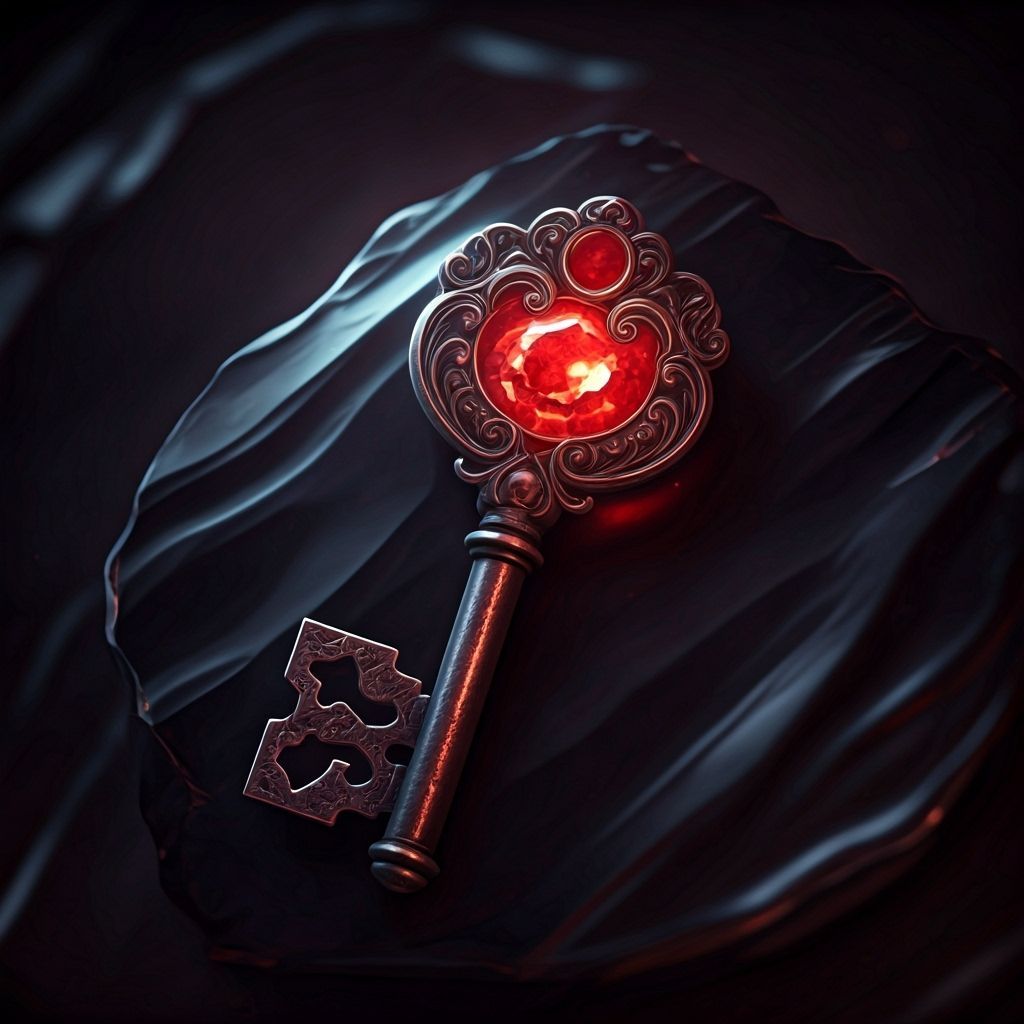 Antique Ruby Key Glowing in Obsidian