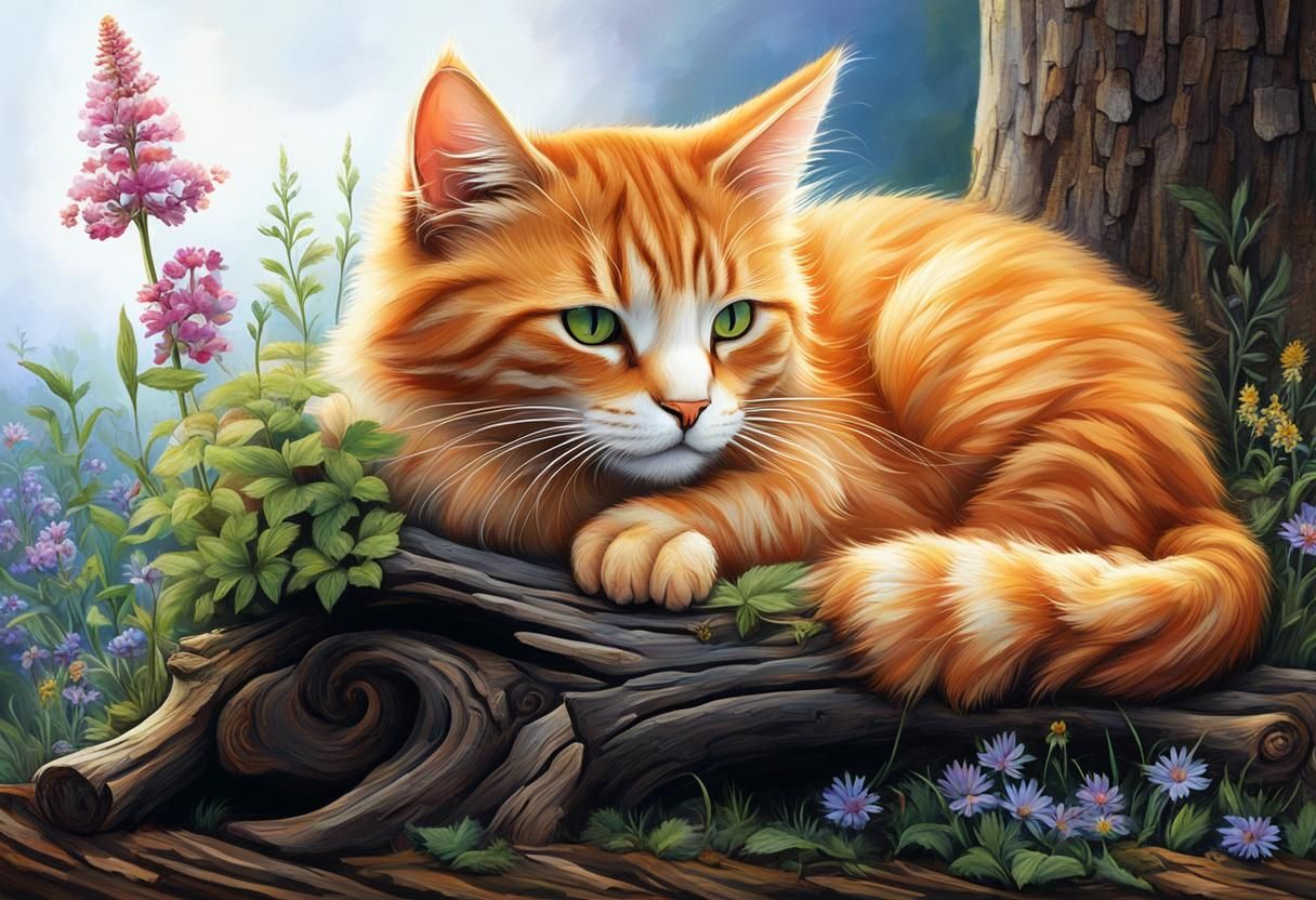 Ginger Cat Napping on Tree Stump in Watercolor