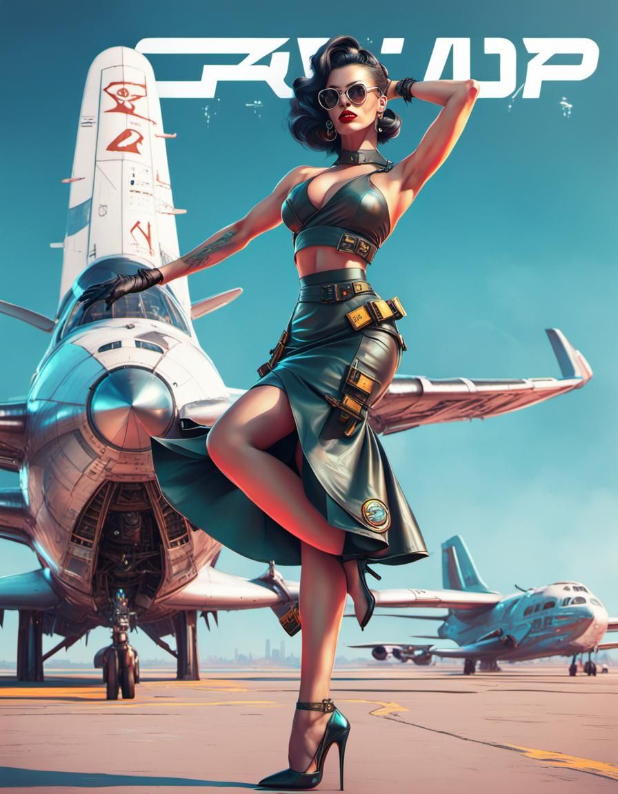 Cyberpunk Pinup Girl with Futuristic Airplane