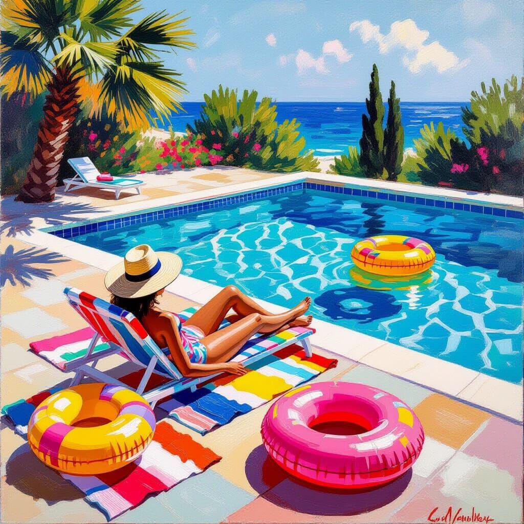 Sunlit Poolside Lounger in Impressionistic Style