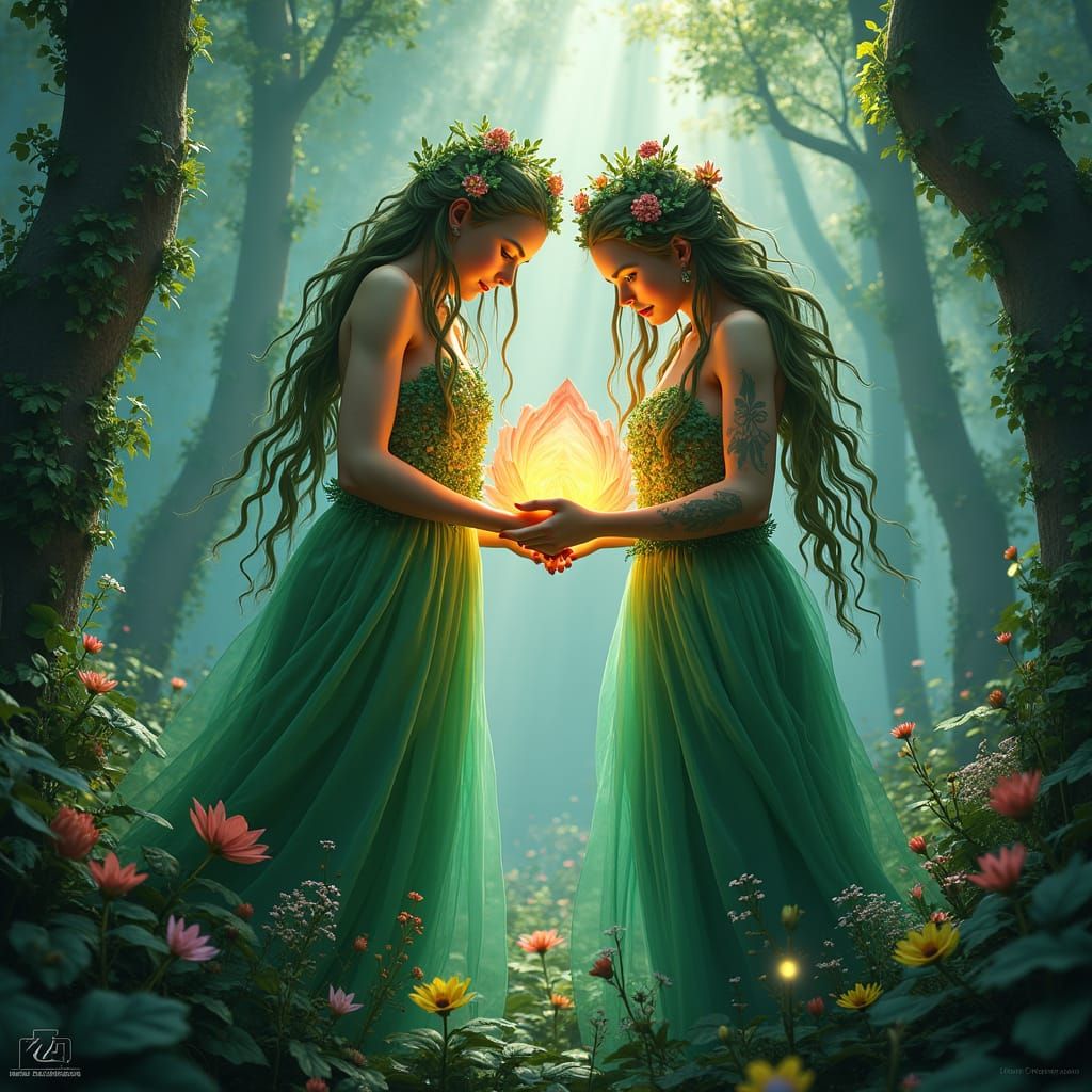 Divine Sisters in Iridescent Forest: Fantasy RPG Art