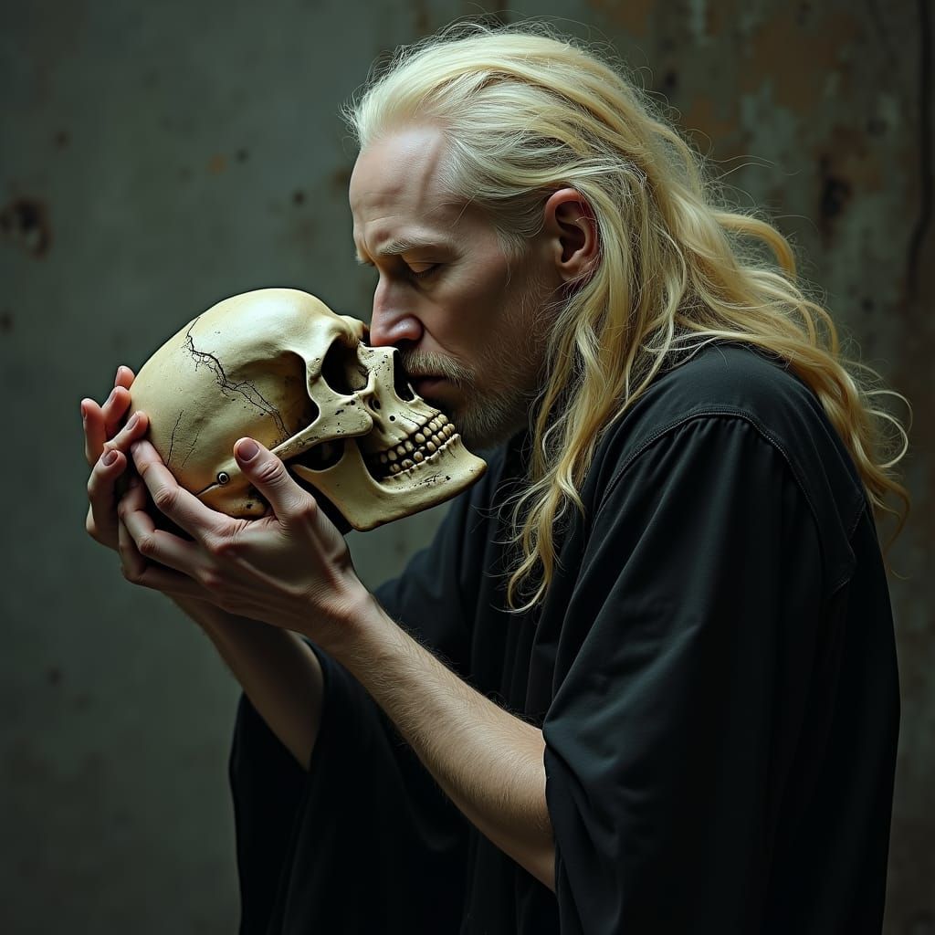 Man Kisses Skull in Dark Fantasy Style
