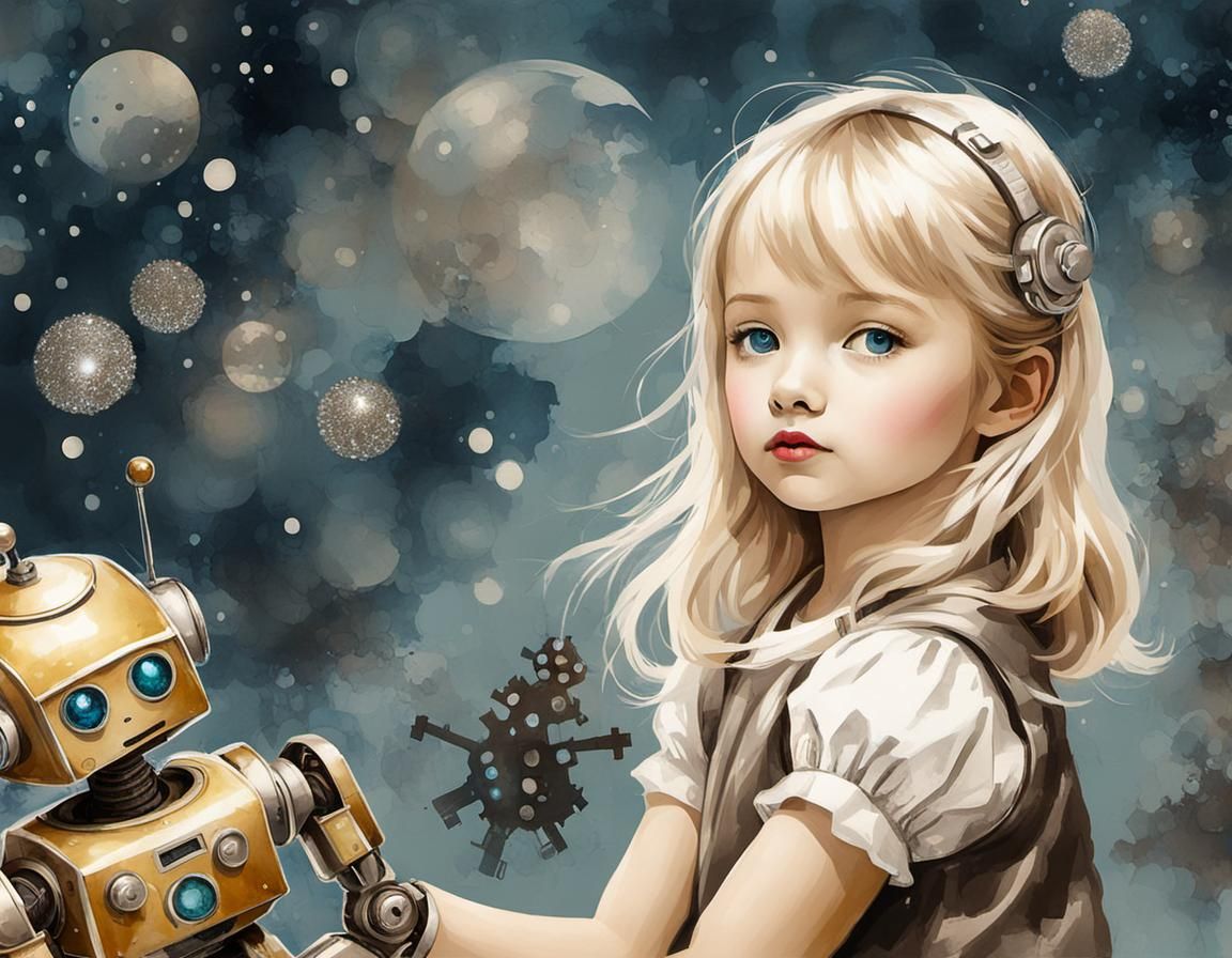 Girl and Robot in Sumi-e Style