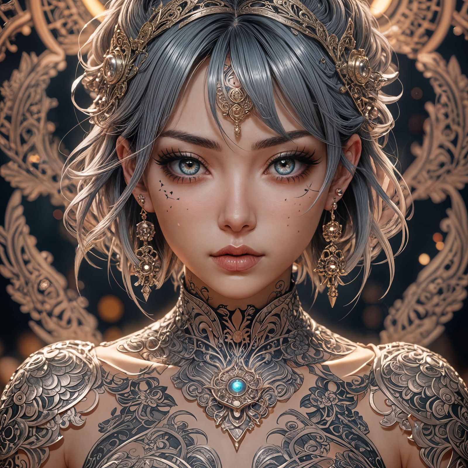 Monochrome Anime Girl with Tattoo in 3D