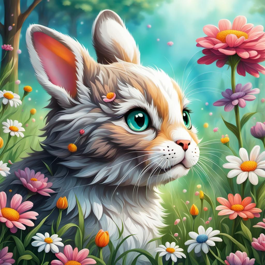 Hyperrealistic Bunny Cat in a Colorful Meadow