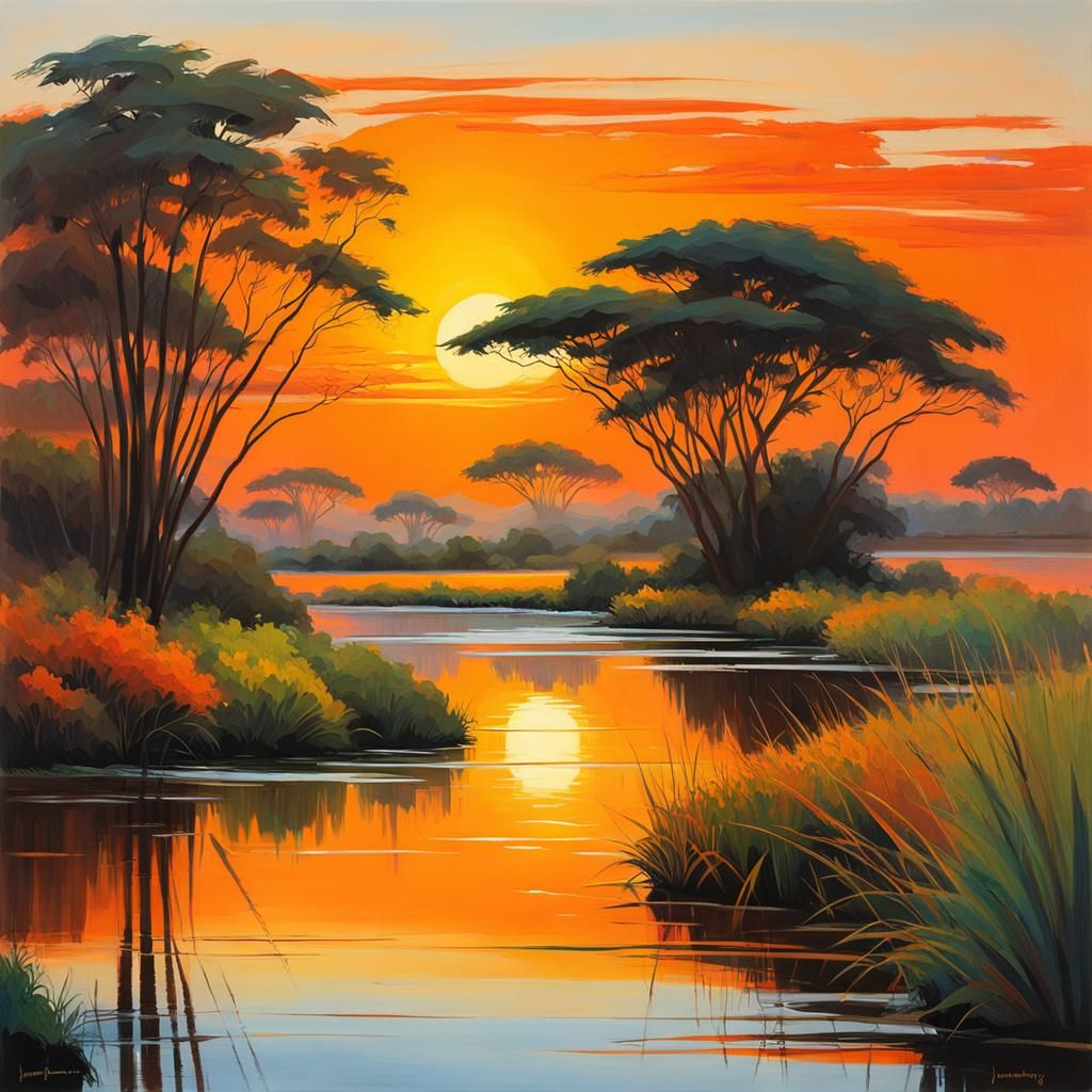 digital painting, A African landscape and water reflecting, plants sketch lines, Abstract composition with various brush...