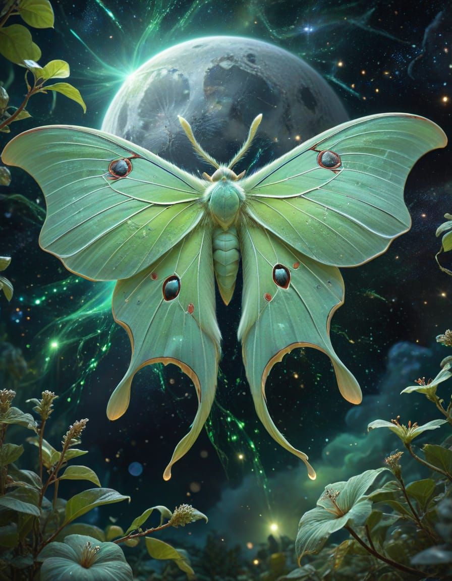 Luminescent Luna Moth in Cosmic Flight