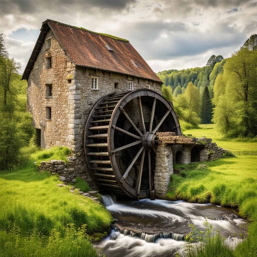 Picturesque Old Mill Scene by a Stream