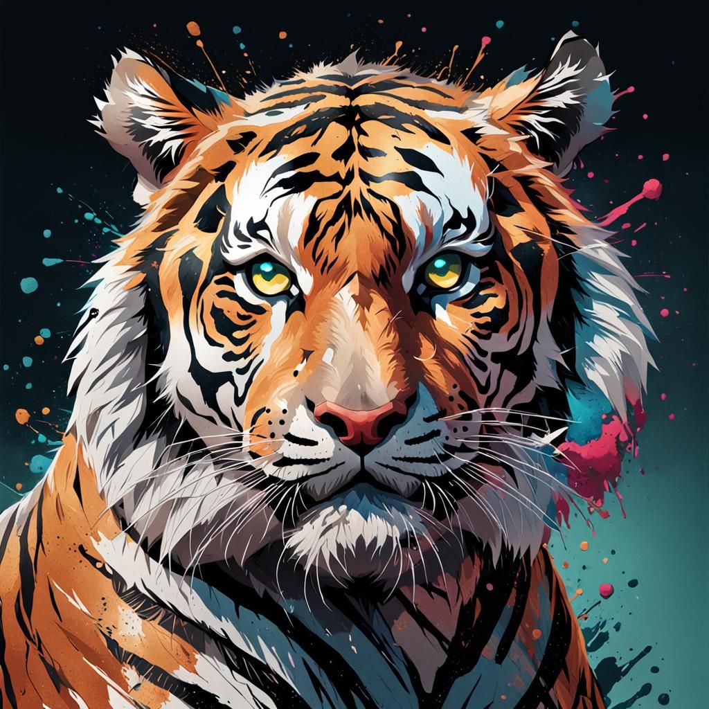 Ink Splatter Tiger Portrait in Hyperdetailed Style