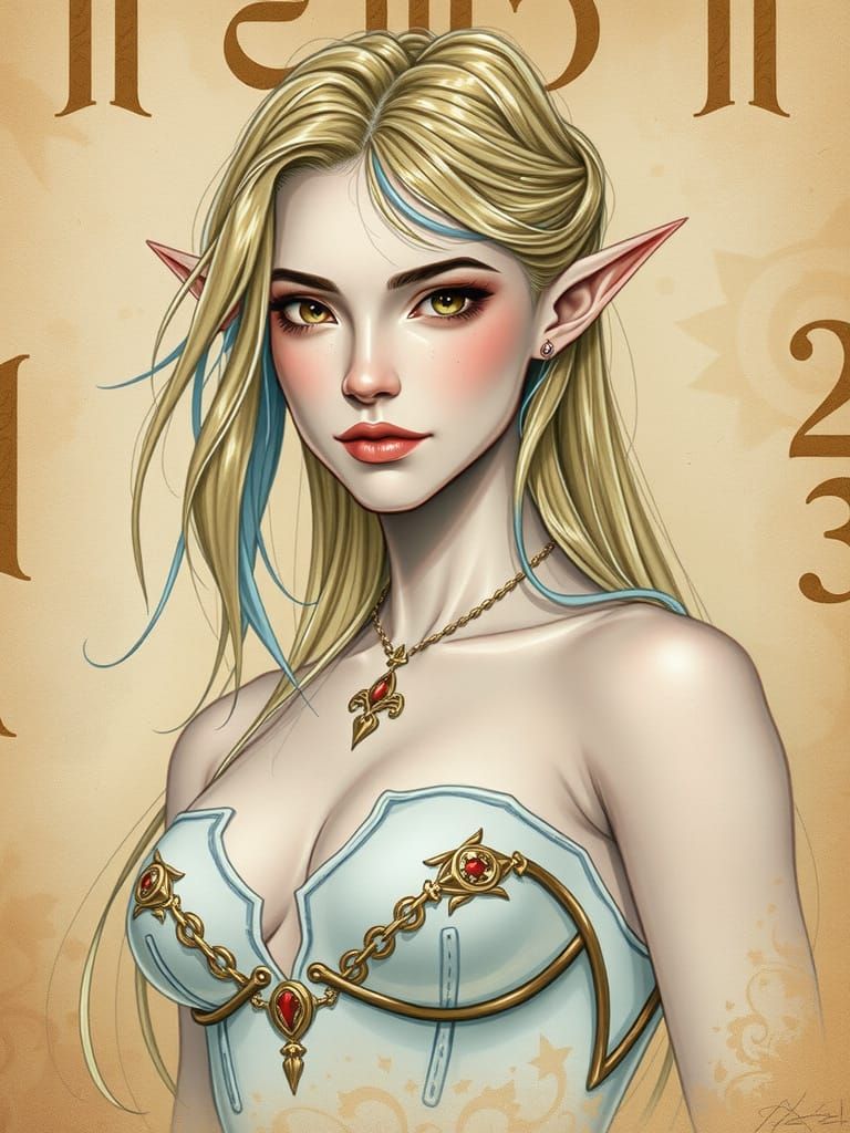 Elven Woman Portrait with Golden Blue Hair