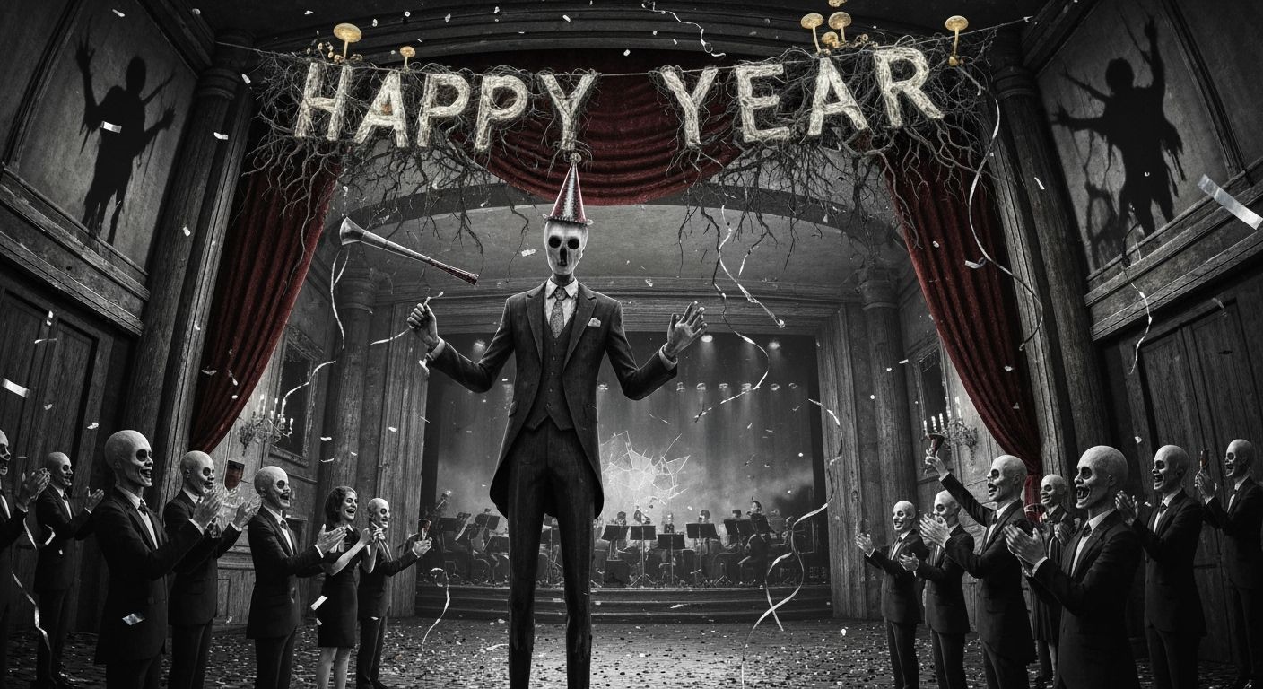 Haunted New Year's Eve Ballroom Party with Faceless Figure