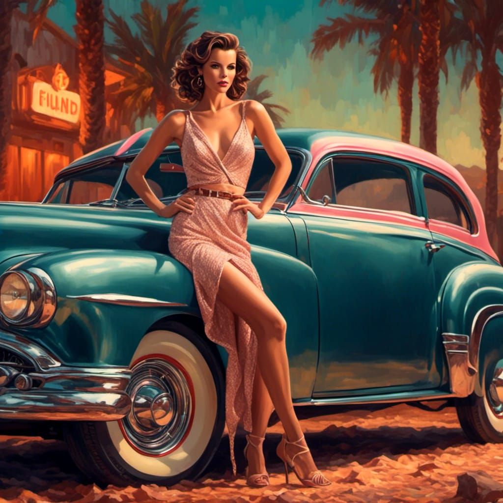 Art Deco Car with Woman in Knitted Bikini