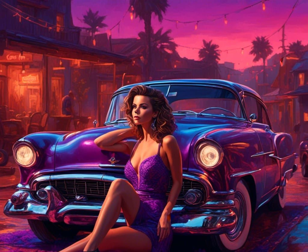 Kate Beckinsale in Retro Rockabilly Style on Classic Car
