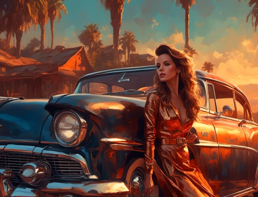 Kate Beckinsale in Retro Rockabilly Style on Classic Car