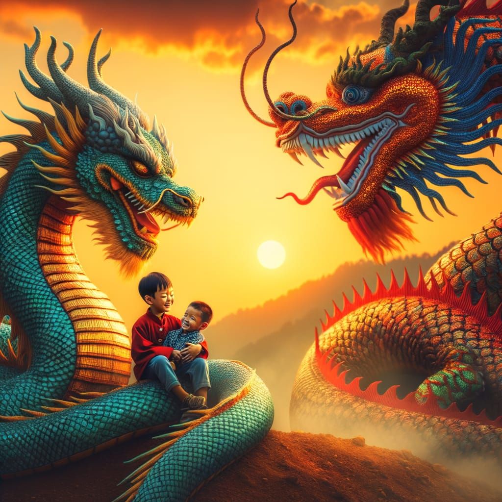 Majestic Dragons Share a Serene Field with Innocent Children