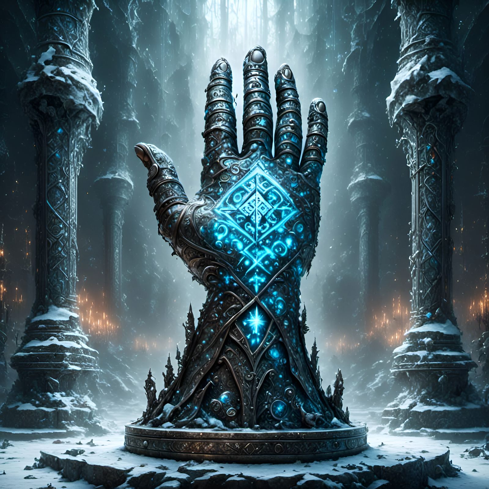 Frozen Gauntlet with Glowing Runes: Dark Fantasy Art