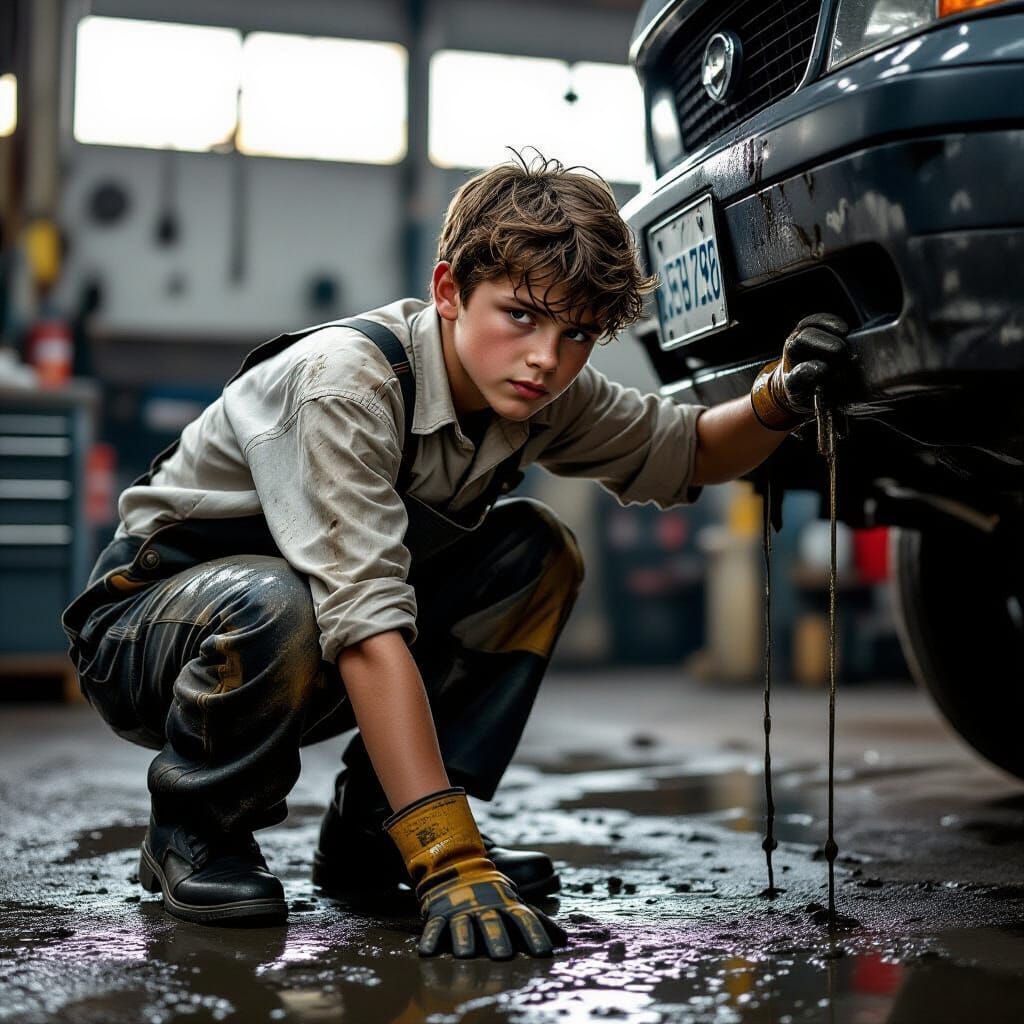 Young Mechanic Bends Under Car in Gritty Realism Style