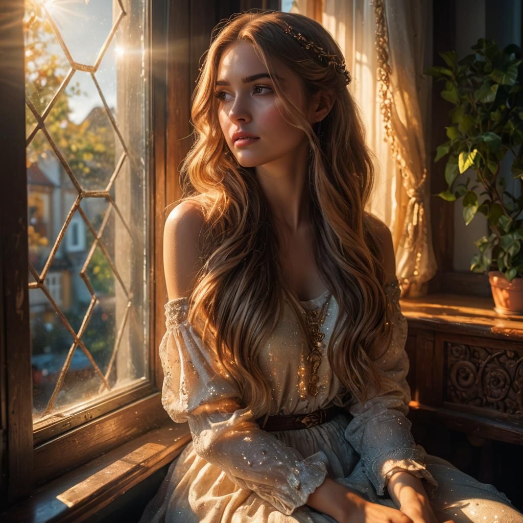 Dreaming Girl in Sunlight: Hyperrealistic Digital Painting