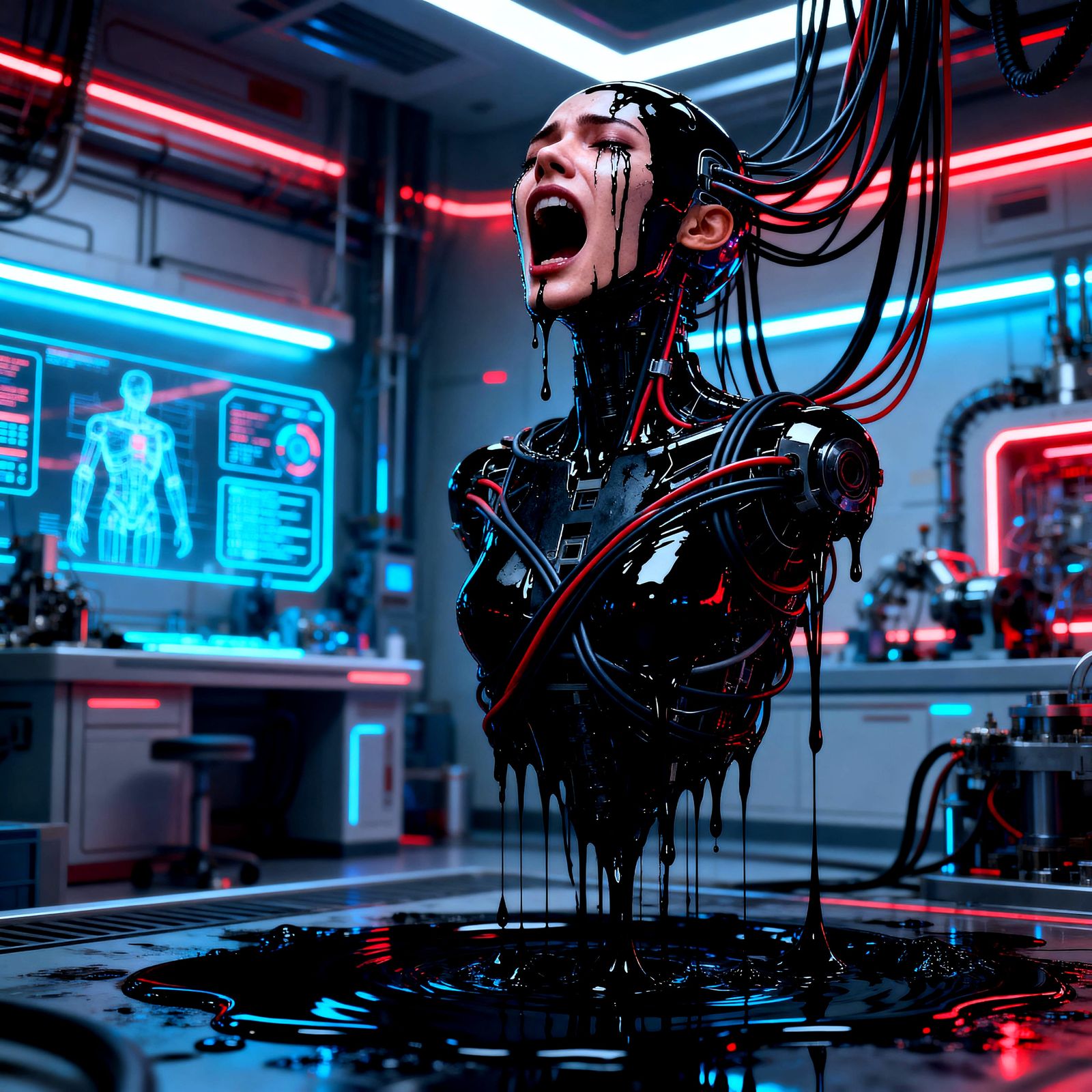 Screaming Android in Neon Cybernetic Lab
