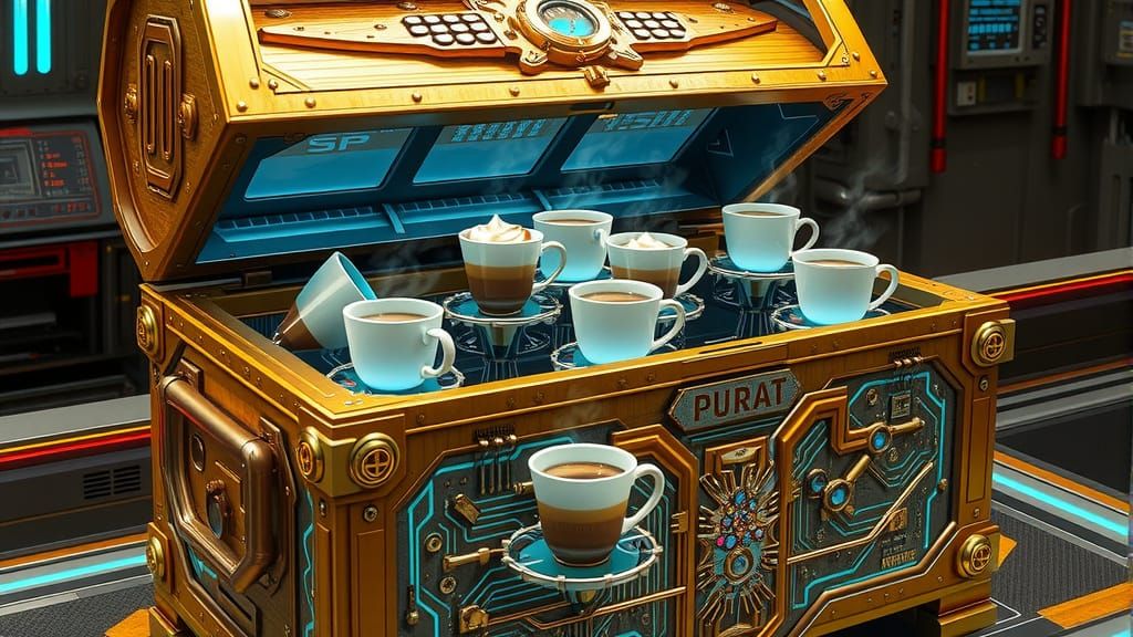 Ornate Chest Overflowing with Steaming Hot Drinks