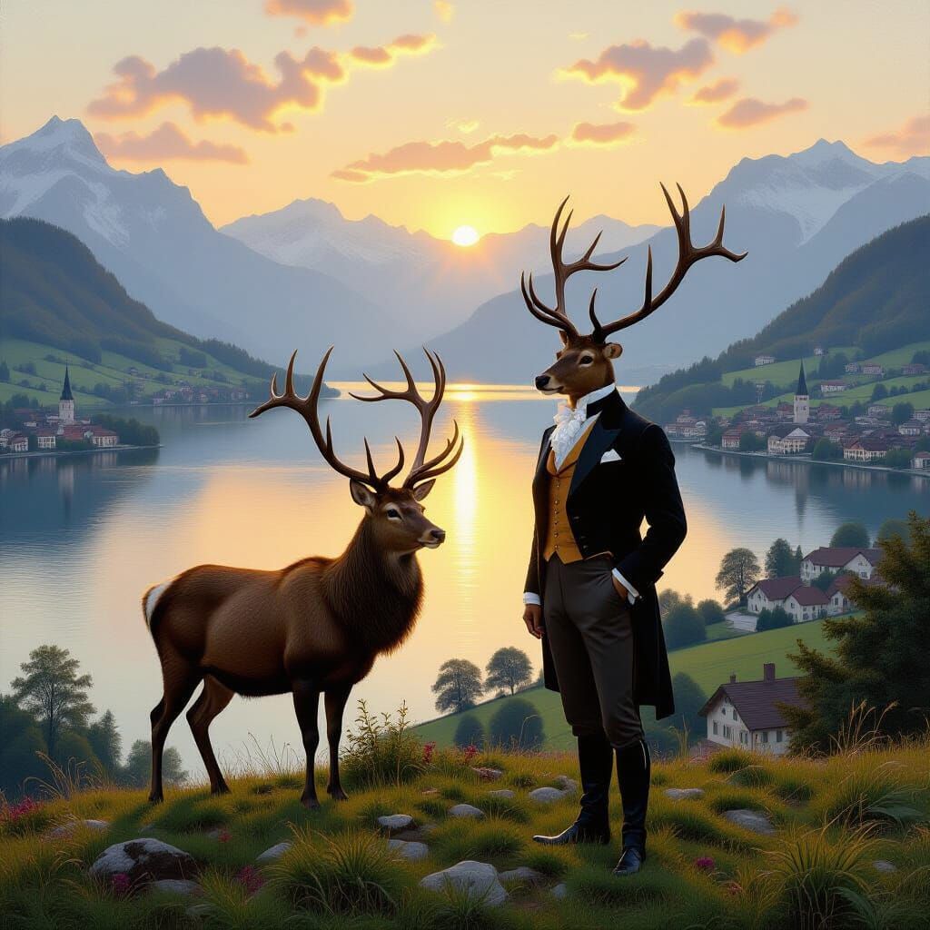 Stag Overlooking Lake Zurich in Romantic Style