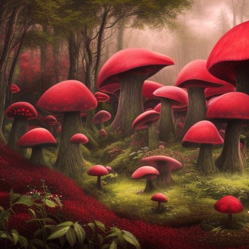 Crimson Rose Mushroom Metropolis in Dark Fantasy Style