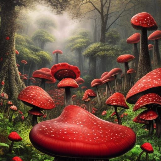 Crimson Rose Mushroom Metropolis in Hyperdetailed Dark Fanta...