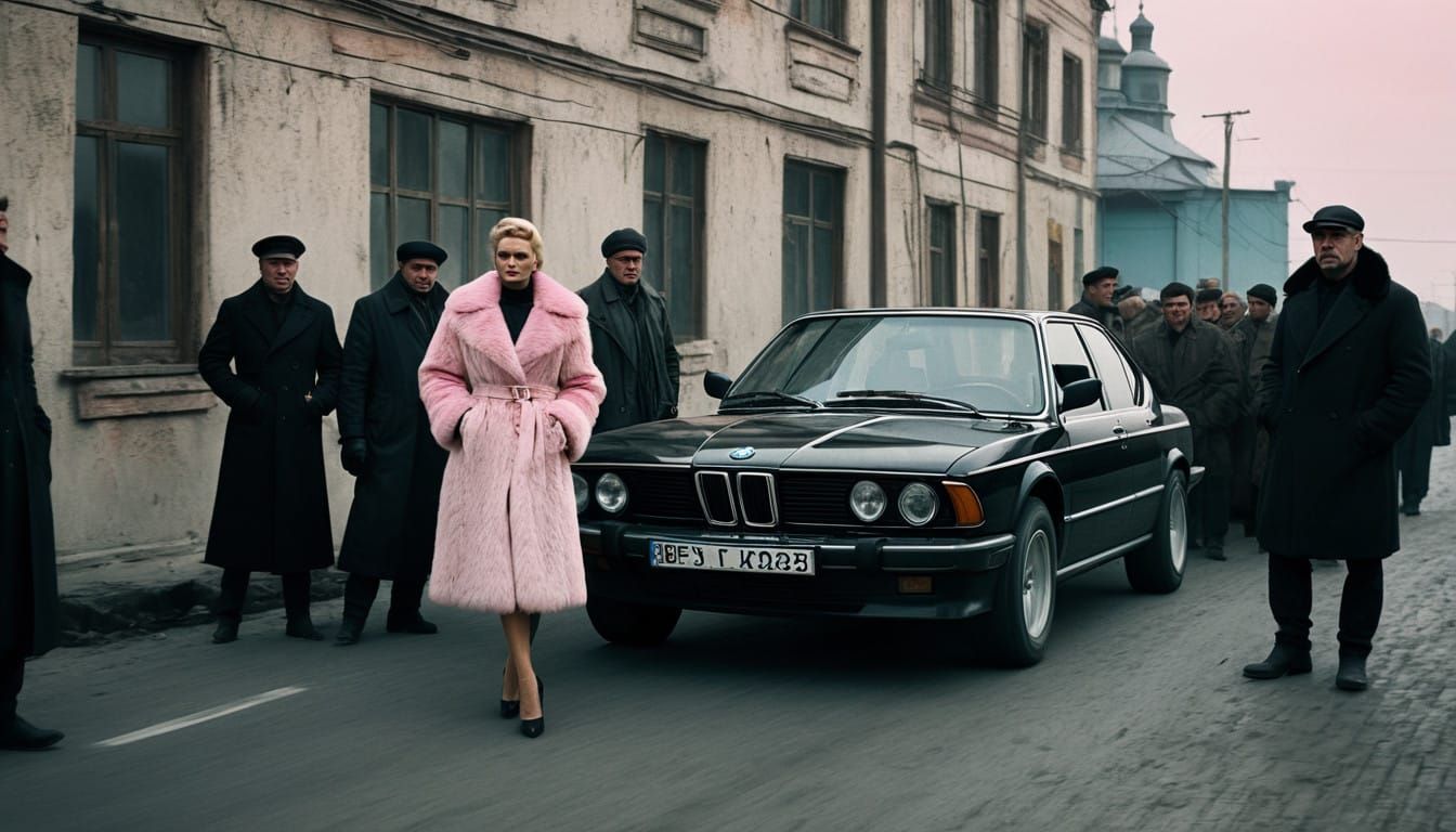 Glamorous Blonde Woman Surrounded by Russian Gangsters in Pi...