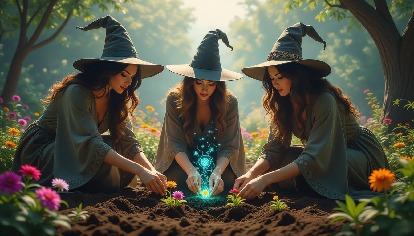 Witches Planting Magical Garden in Hyperrealistic Style