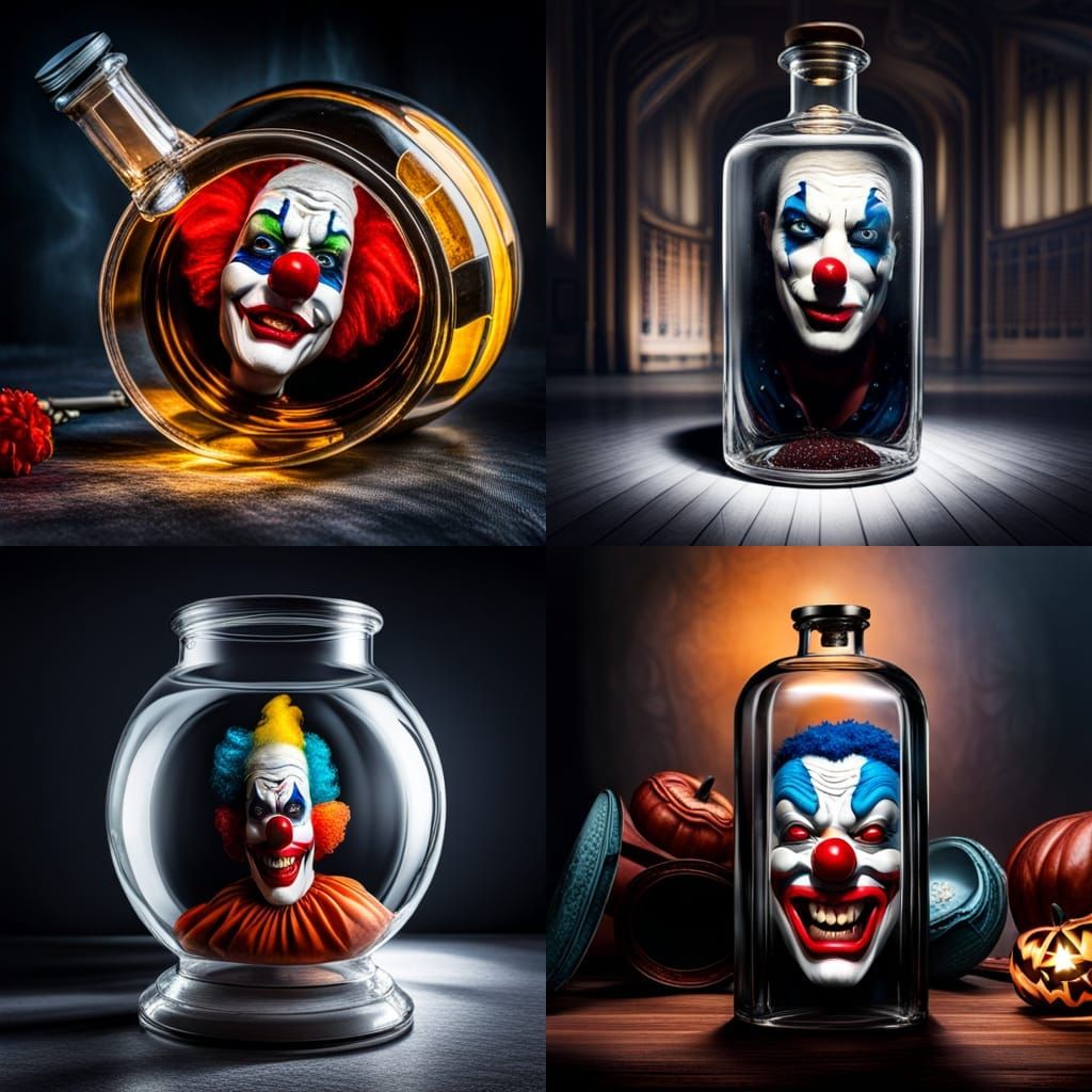 Creepy Halloween Clown Trapped in Glass Bottle