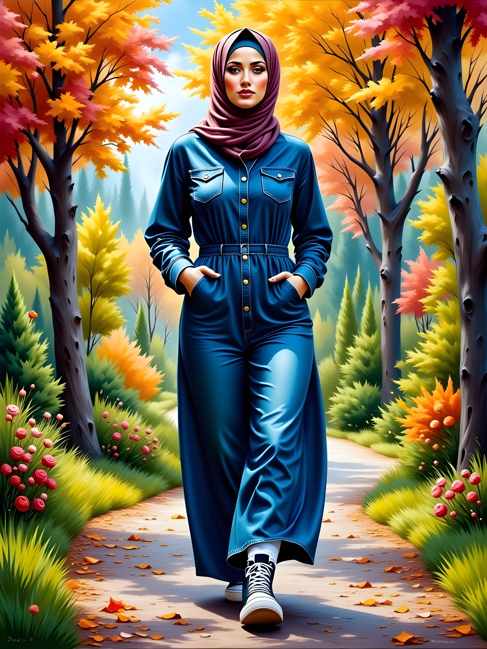 Hijabi Woman in Forest, Art Nouveau Style