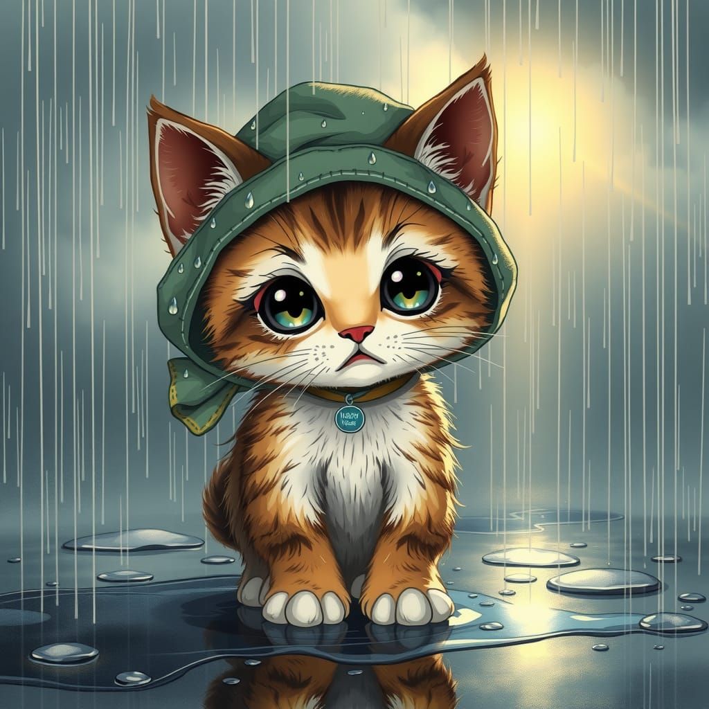 Sad little kitten in the rain
