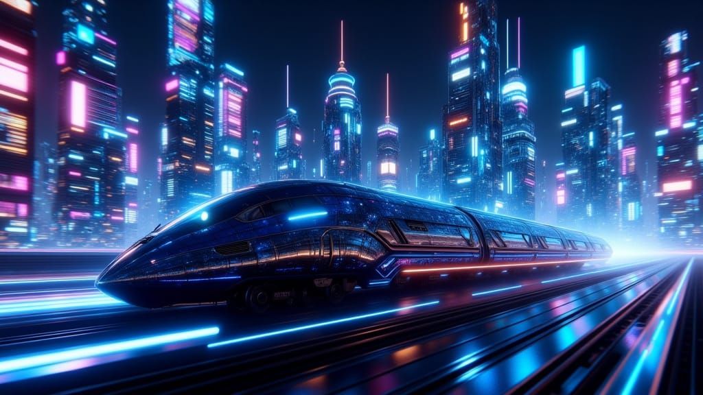 Futuristic Shinkansen Train Speeds Through Neon Cityscape