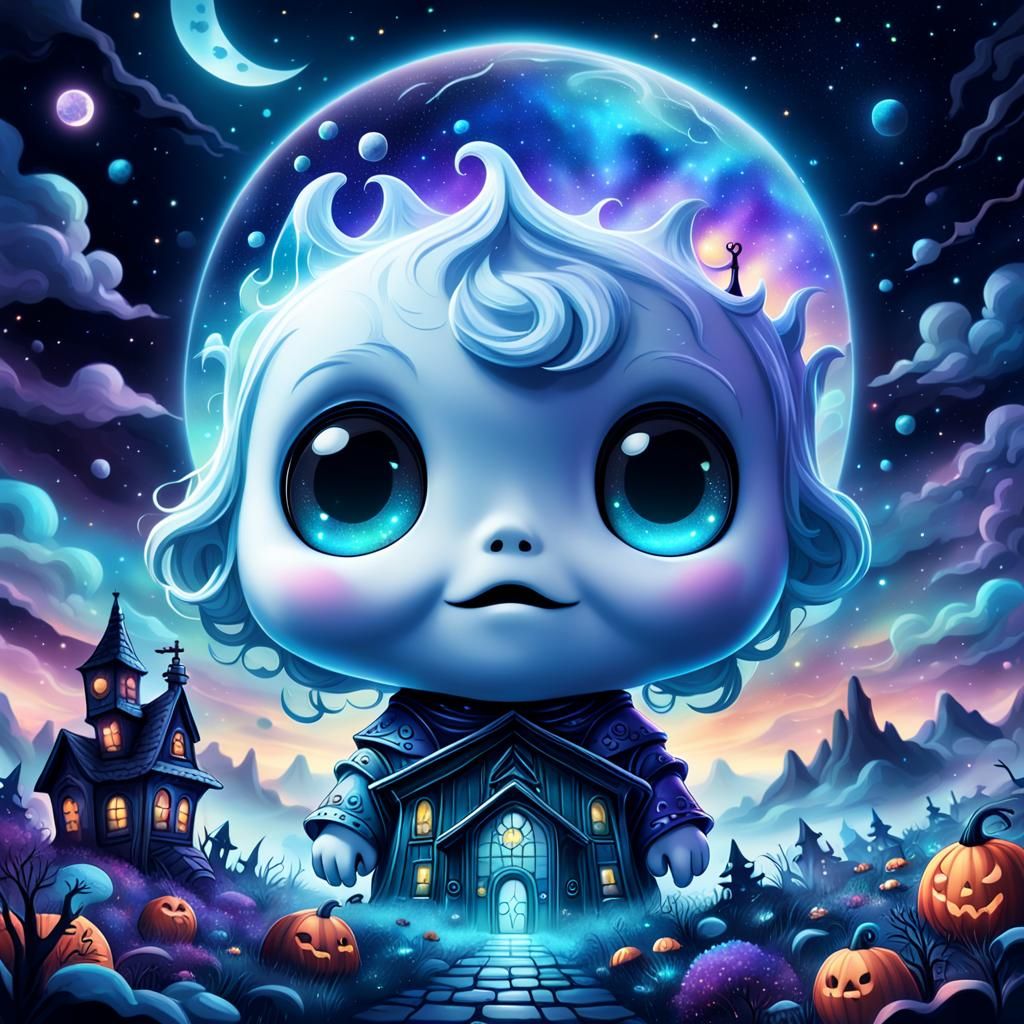 Cute Chibi Ghost under Astral Night Sky