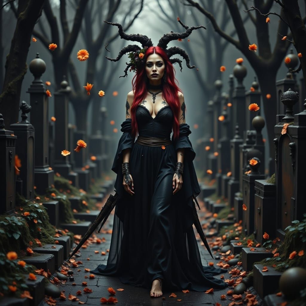 Faerie Witch Summons Spirits in Cemetery at Night