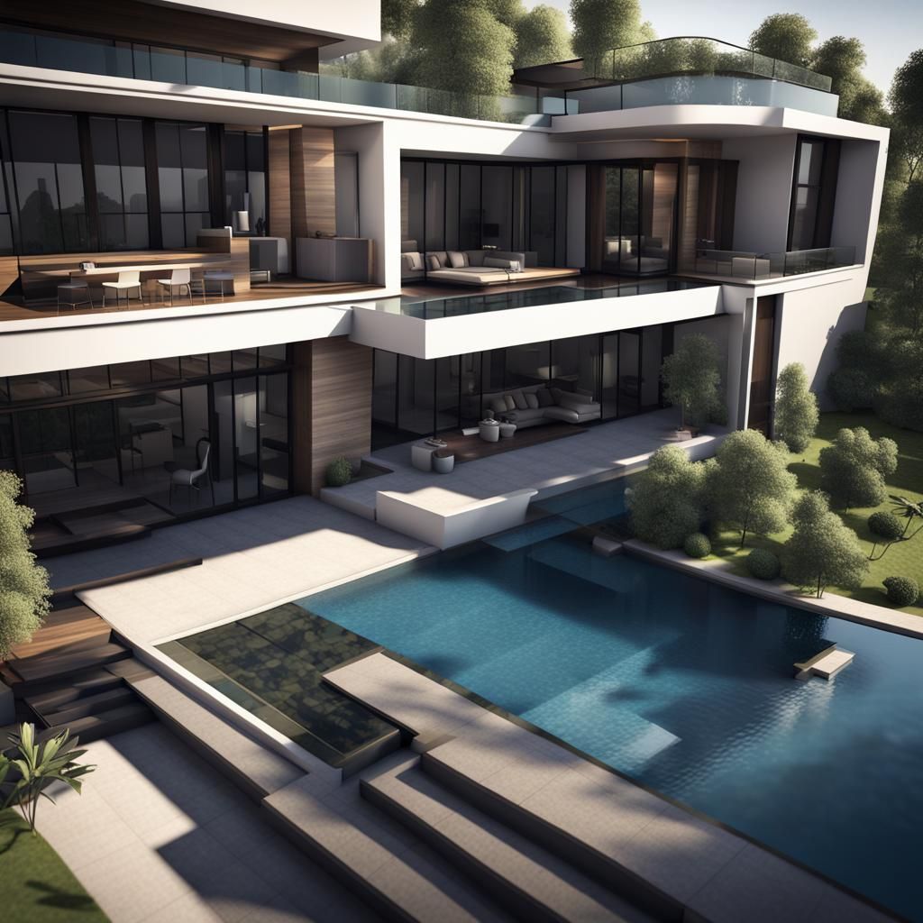 Luxury Mansion with Waterfall: 3D Architectural Visualizatio...